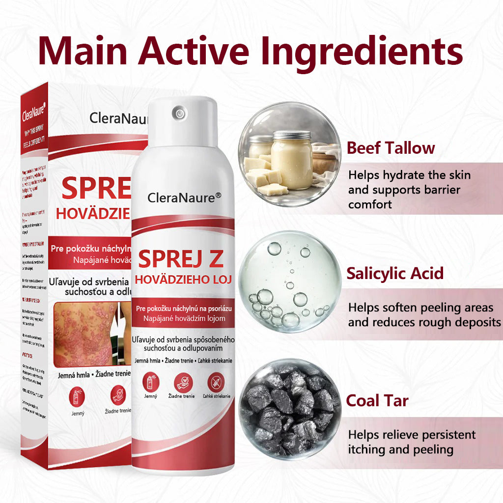 CleraNature® Beef Tallow Spray na svrbiacu, olupujúcu pokožku pri psoriáze