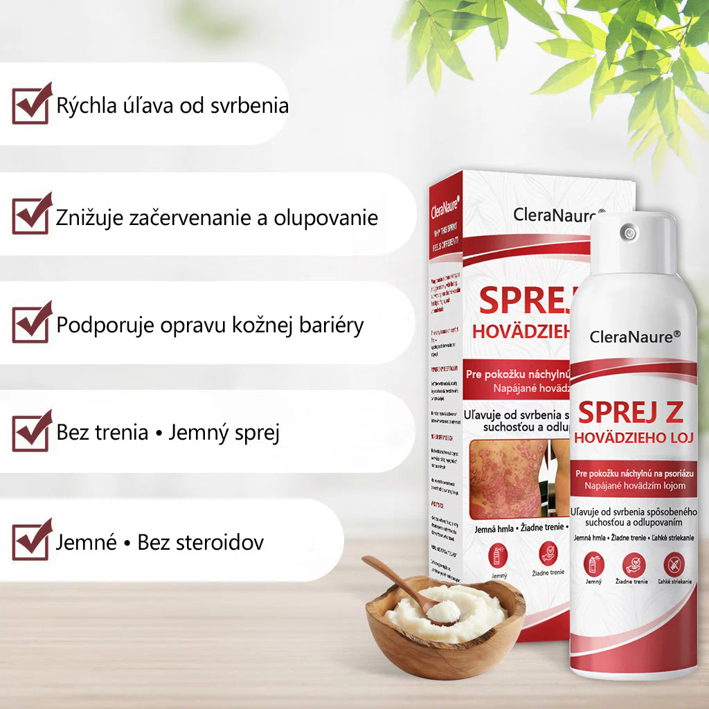 CleraNature® Beef Tallow Spray na svrbiacu, olupujúcu pokožku pri psoriáze